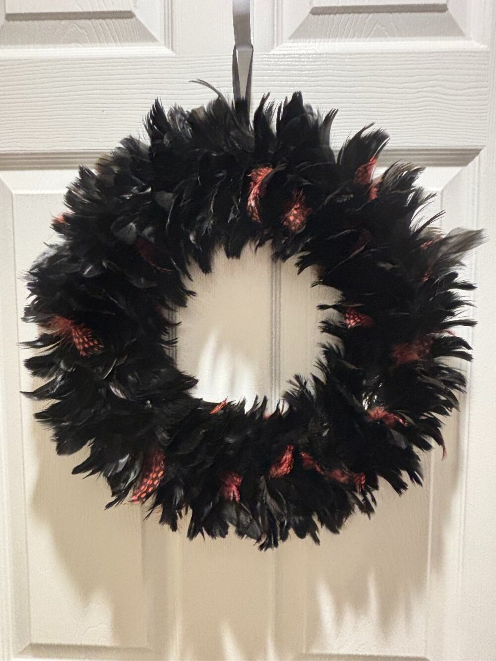 16" Black Feather Halloween Wreath Red Orange Accents